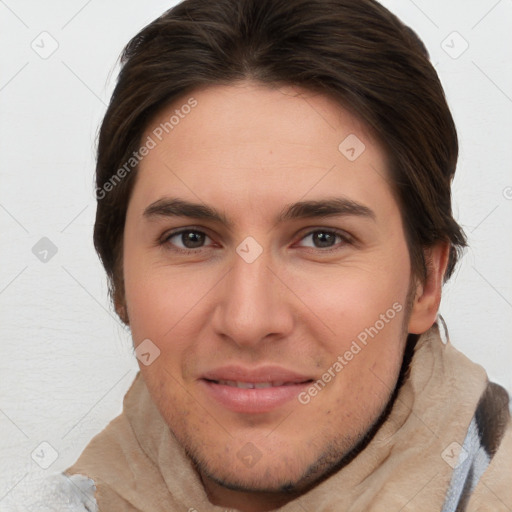 Joyful white young-adult female with short  brown hair and brown eyes