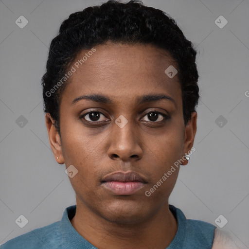 Neutral black young-adult female with short  black hair and brown eyes