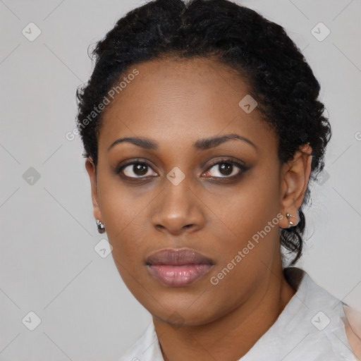 Neutral black young-adult female with short  black hair and brown eyes