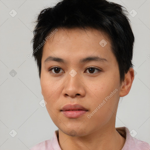 Neutral asian young-adult male with short  brown hair and brown eyes