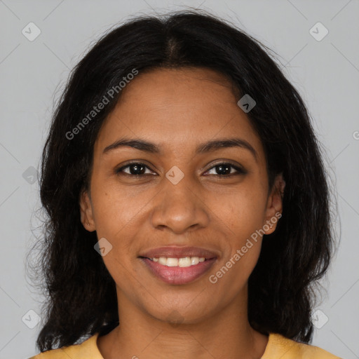 Joyful black young-adult female with medium  brown hair and brown eyes