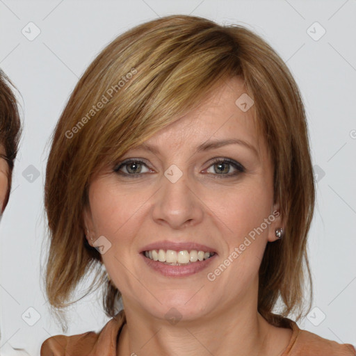 Joyful white young-adult female with medium  brown hair and blue eyes