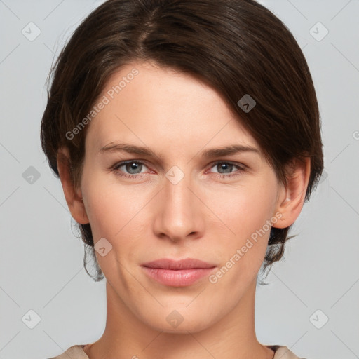 Neutral white young-adult female with medium  brown hair and grey eyes