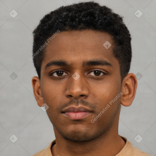 Neutral black young-adult male with short  black hair and brown eyes