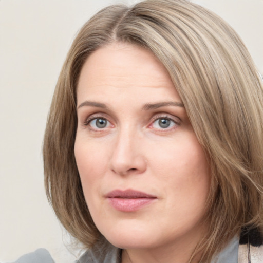 Joyful white young-adult female with medium  brown hair and blue eyes