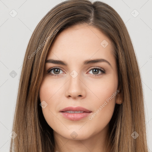 Neutral white young-adult female with long  brown hair and brown eyes