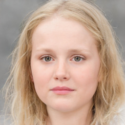 Neutral white child female with medium  brown hair and blue eyes