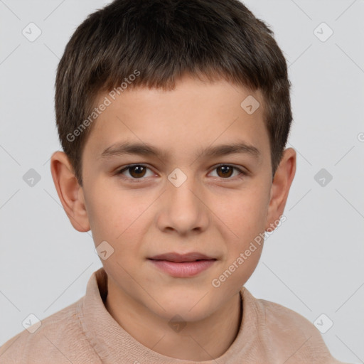 Joyful white child male with short  brown hair and brown eyes