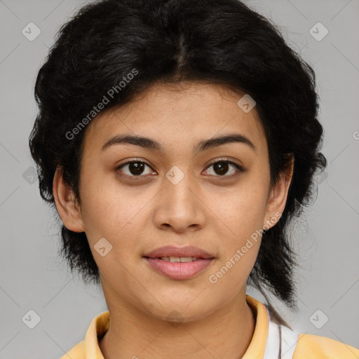 Joyful latino young-adult female with medium  black hair and brown eyes