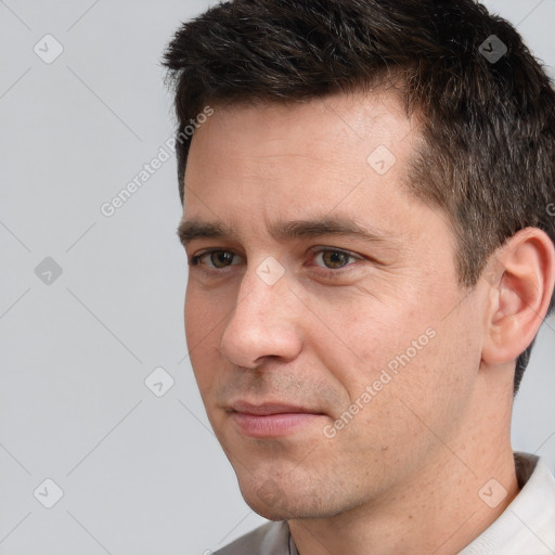 Neutral white adult male with short  brown hair and brown eyes