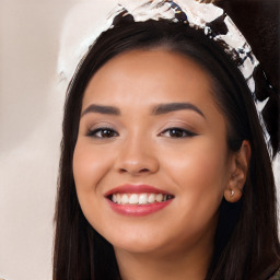 Joyful white young-adult female with long  black hair and brown eyes