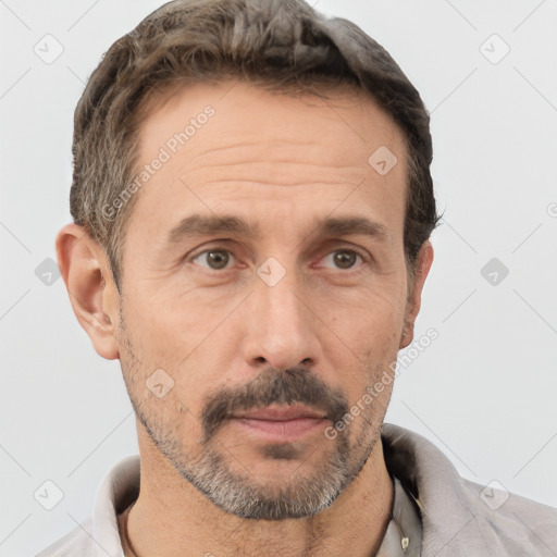 Neutral white adult male with short  brown hair and brown eyes