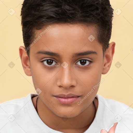 Joyful white child male with short  brown hair and brown eyes