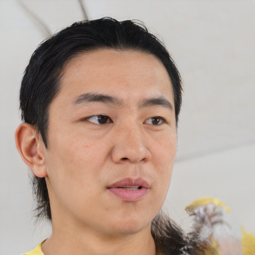 Neutral white adult male with medium  black hair and brown eyes