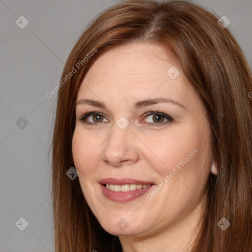 Joyful white adult female with long  brown hair and brown eyes