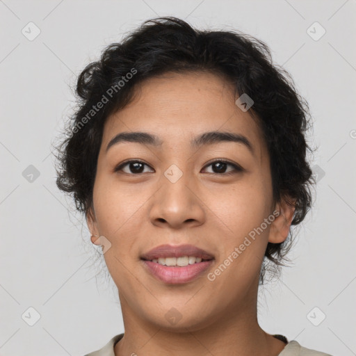 Joyful asian young-adult female with long  brown hair and brown eyes