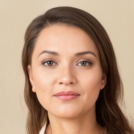 Neutral white young-adult female with long  brown hair and grey eyes