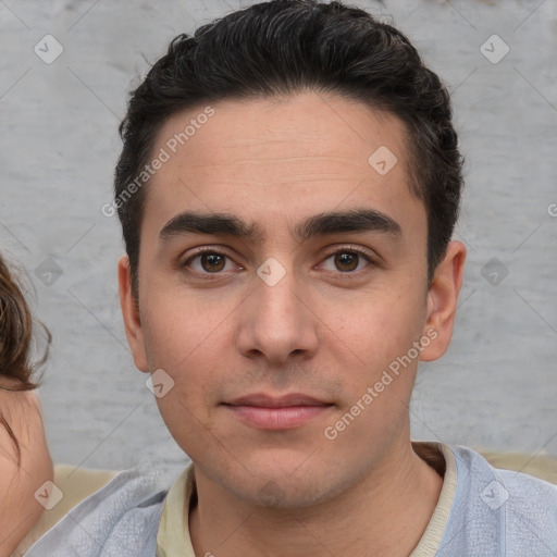 Neutral white young-adult male with short  brown hair and brown eyes