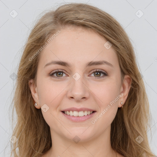 Joyful white young-adult female with long  brown hair and grey eyes