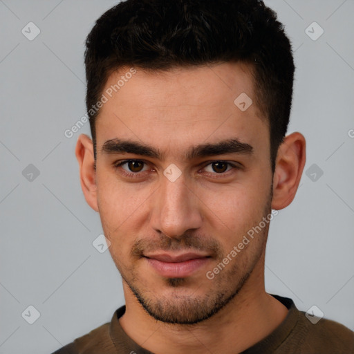 Neutral white young-adult male with short  brown hair and brown eyes