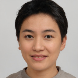 Joyful asian young-adult female with short  brown hair and brown eyes