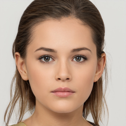 Neutral white young-adult female with medium  brown hair and brown eyes