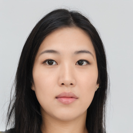 Neutral asian young-adult female with long  black hair and brown eyes