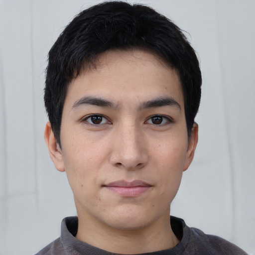 Neutral white young-adult male with short  black hair and brown eyes