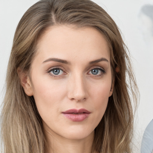 Neutral white young-adult female with long  brown hair and grey eyes