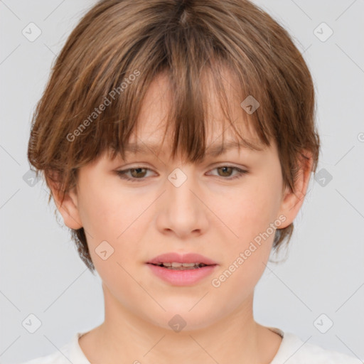 Neutral white young-adult female with medium  brown hair and brown eyes