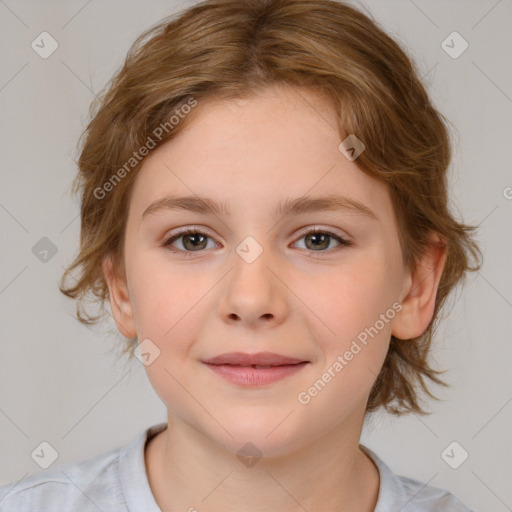 Joyful white child female with medium  brown hair and brown eyes