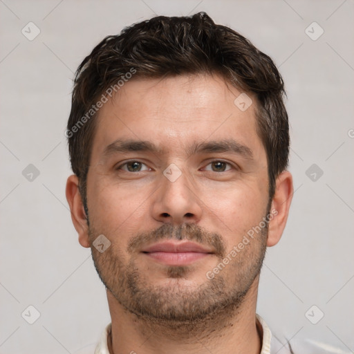 Neutral white young-adult male with short  brown hair and brown eyes