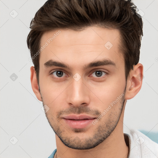 Neutral white young-adult male with short  brown hair and brown eyes