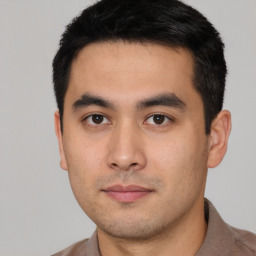 Neutral asian young-adult male with short  black hair and brown eyes