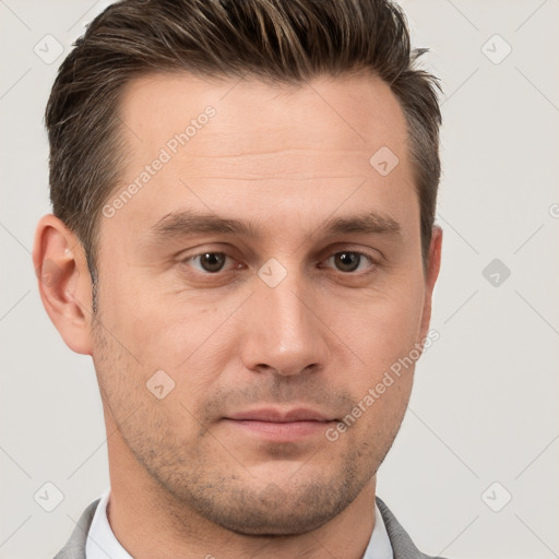 Neutral white young-adult male with short  brown hair and grey eyes