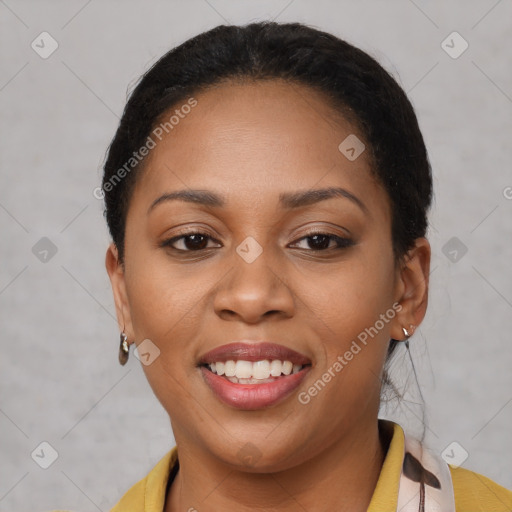 Joyful latino young-adult female with short  brown hair and brown eyes