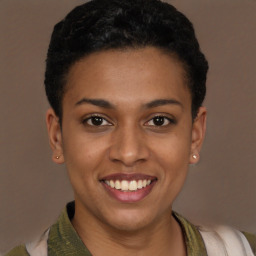 Joyful latino young-adult female with short  brown hair and brown eyes