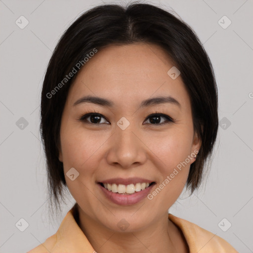 Joyful white young-adult female with medium  brown hair and brown eyes