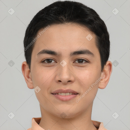 Joyful asian young-adult male with short  black hair and brown eyes