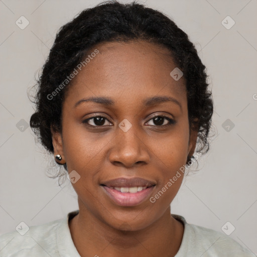 Joyful latino young-adult female with short  black hair and brown eyes