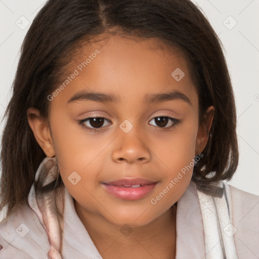 Joyful white child female with medium  brown hair and brown eyes