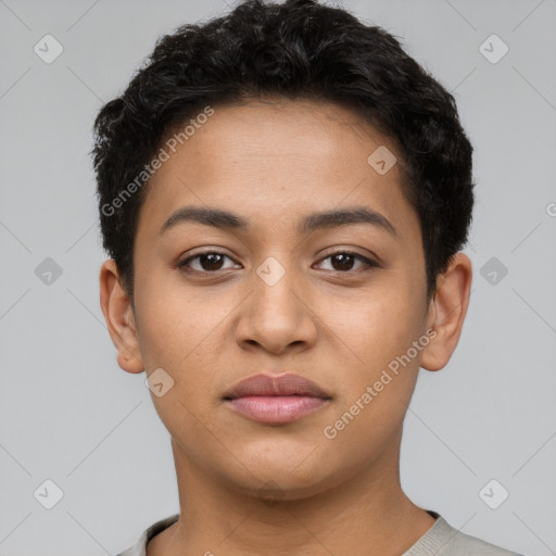 Joyful latino young-adult female with short  brown hair and brown eyes