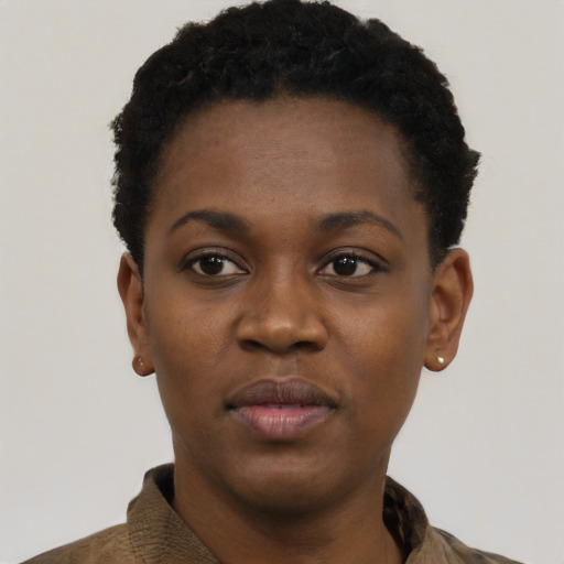 Joyful black young-adult female with short  black hair and brown eyes