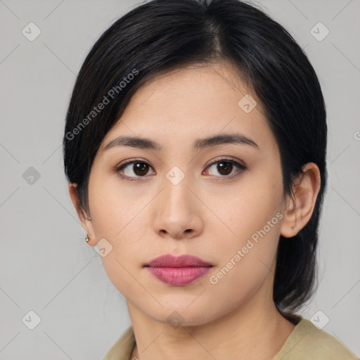 Neutral asian young-adult female with medium  black hair and brown eyes