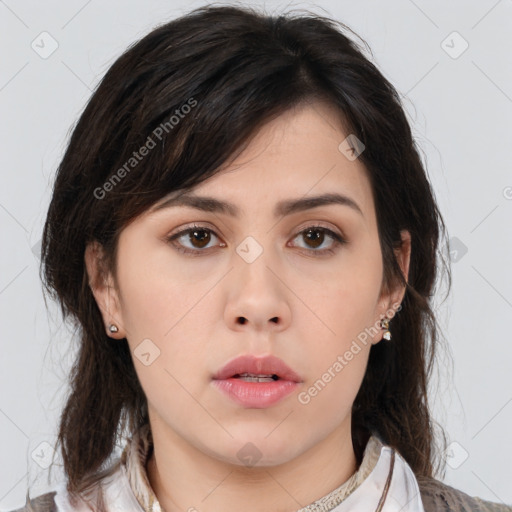 Neutral asian young-adult female with medium  brown hair and brown eyes