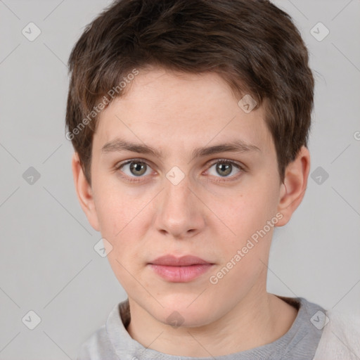 Neutral white young-adult male with short  brown hair and grey eyes