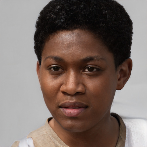 Neutral black young-adult female with short  black hair and brown eyes