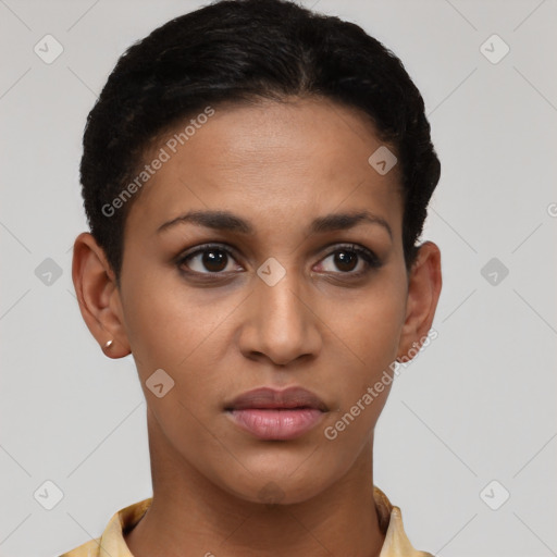 Joyful latino young-adult female with short  brown hair and brown eyes