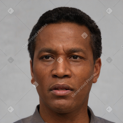 Neutral latino adult male with short  black hair and brown eyes