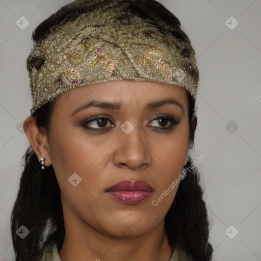 Joyful black young-adult female with medium  brown hair and brown eyes